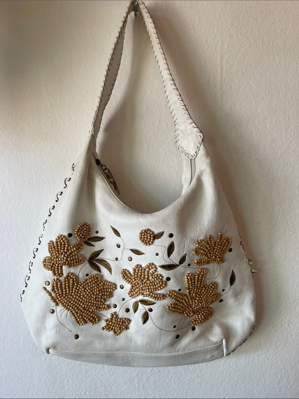 CHI White Floral Beaded Hobo Bag